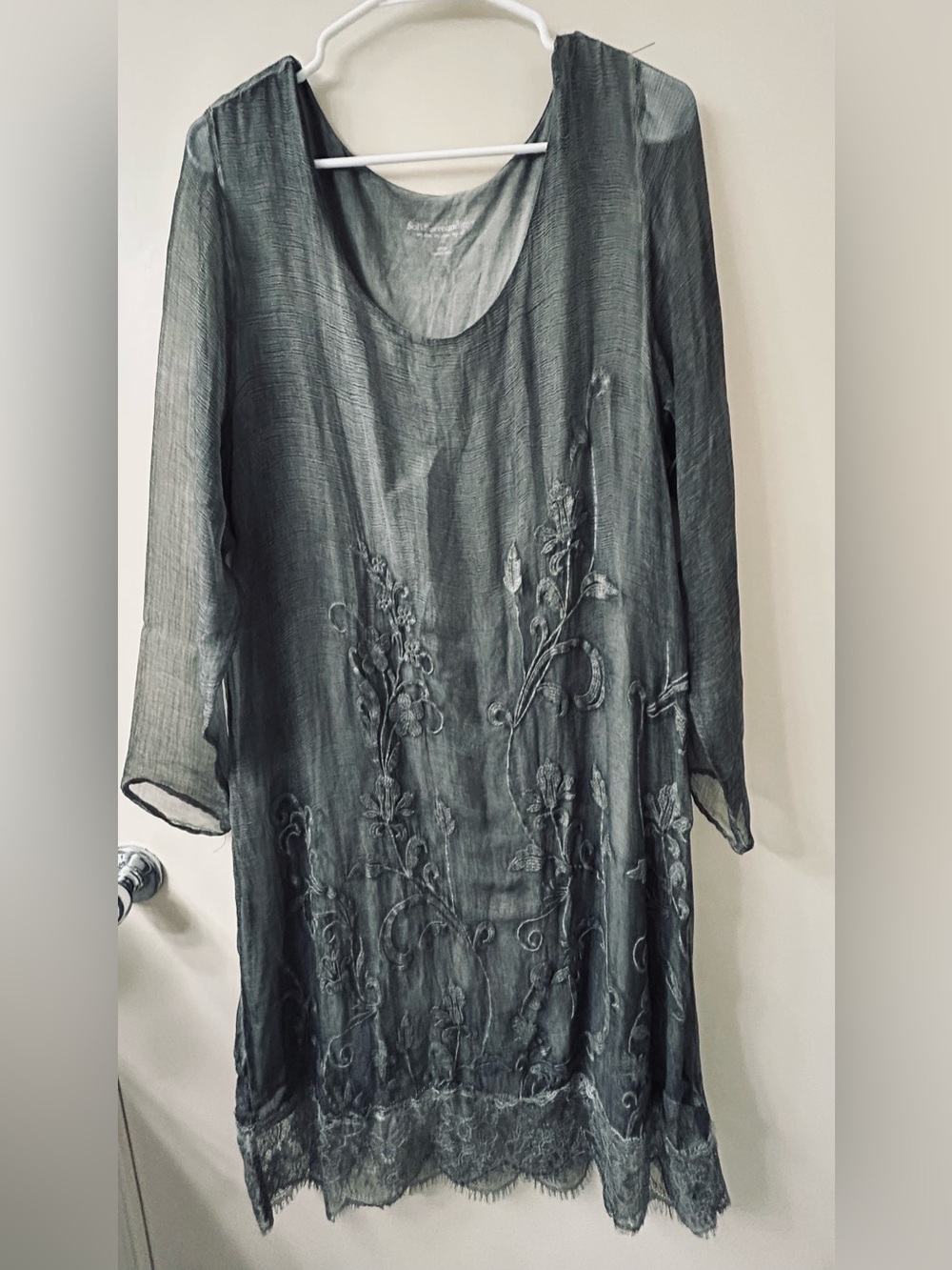 Soft Surrounding Embroidered 100% Silk Sheer Tunic Dress in Slate Gray Sz Ls